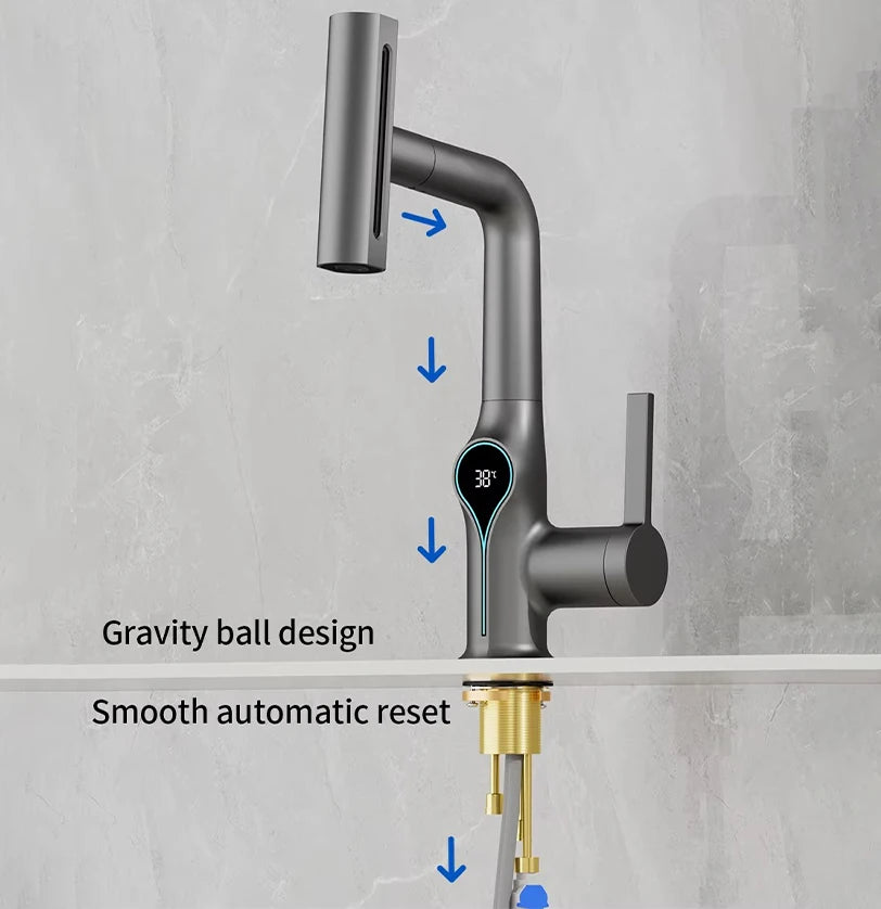 Lift Up Down Stream Sprayer Hot Cold Water Sink Mixer Wash Tap For Bathroom Waterfall Temperature Digital Display Basin Faucet