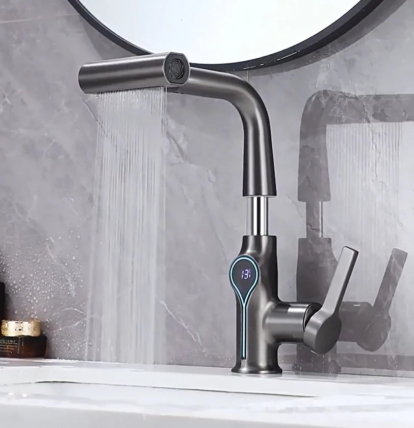 Lift Up Down Stream Sprayer Hot Cold Water Sink Mixer Wash Tap For Bathroom Waterfall Temperature Digital Display Basin Faucet