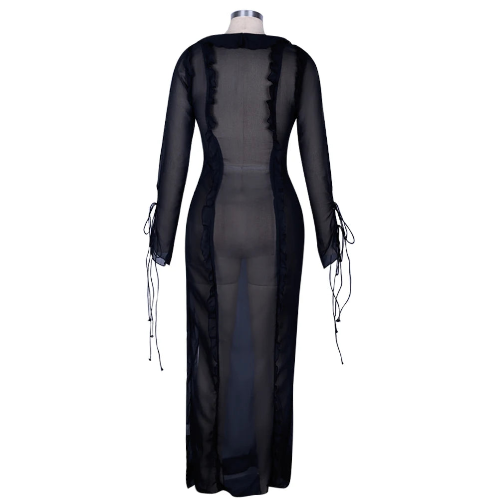 Summer Beach Dress Women Elegant Bandage Ruffles Slim Maxi Dress 2024 New Sexy Blue Long Sleeve Evening Party Dress Club Outfits