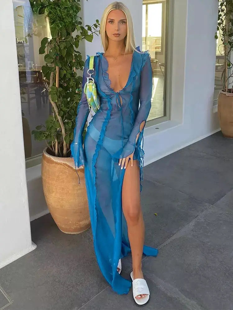 Summer Beach Dress Women Elegant Bandage Ruffles Slim Maxi Dress 2024 New Sexy Blue Long Sleeve Evening Party Dress Club Outfits