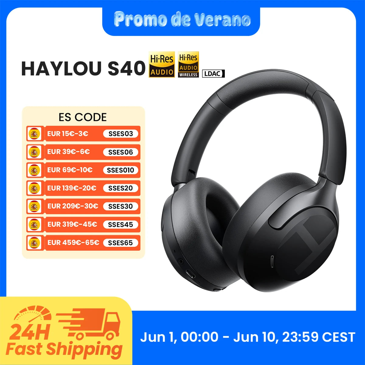 HAYLOU S40 ANC Wireless Headphone 50dB Noise Canceling Hi-Res 3D Spatial Audio Earphone with LDAC Bluetooth 6.0 Over Ear Headset
