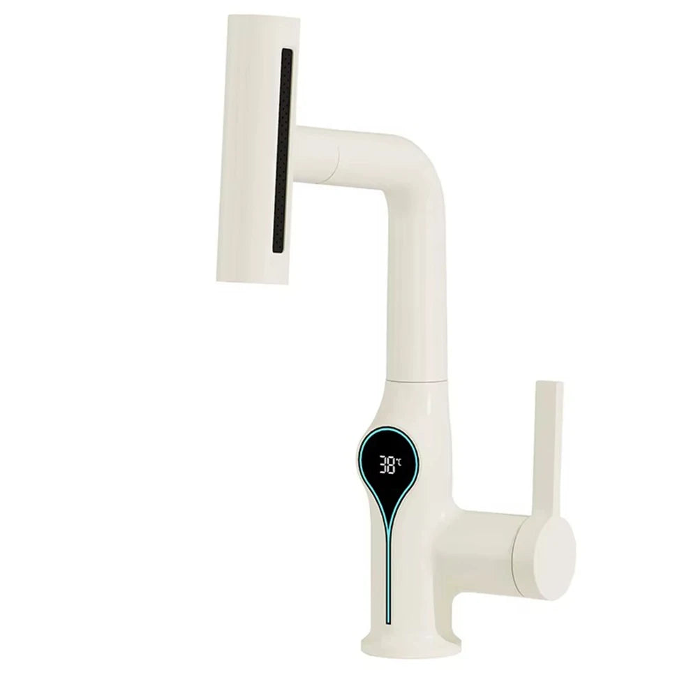 Lift Up Down Stream Sprayer Hot Cold Water Sink Mixer Wash Tap For Bathroom Waterfall Temperature Digital Display Basin Faucet