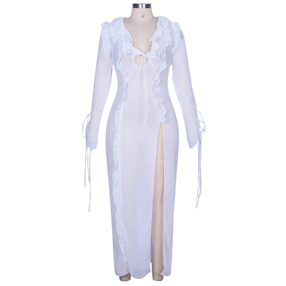 Summer Beach Dress Women Elegant Bandage Ruffles Slim Maxi Dress 2024 New Sexy Blue Long Sleeve Evening Party Dress Club Outfits