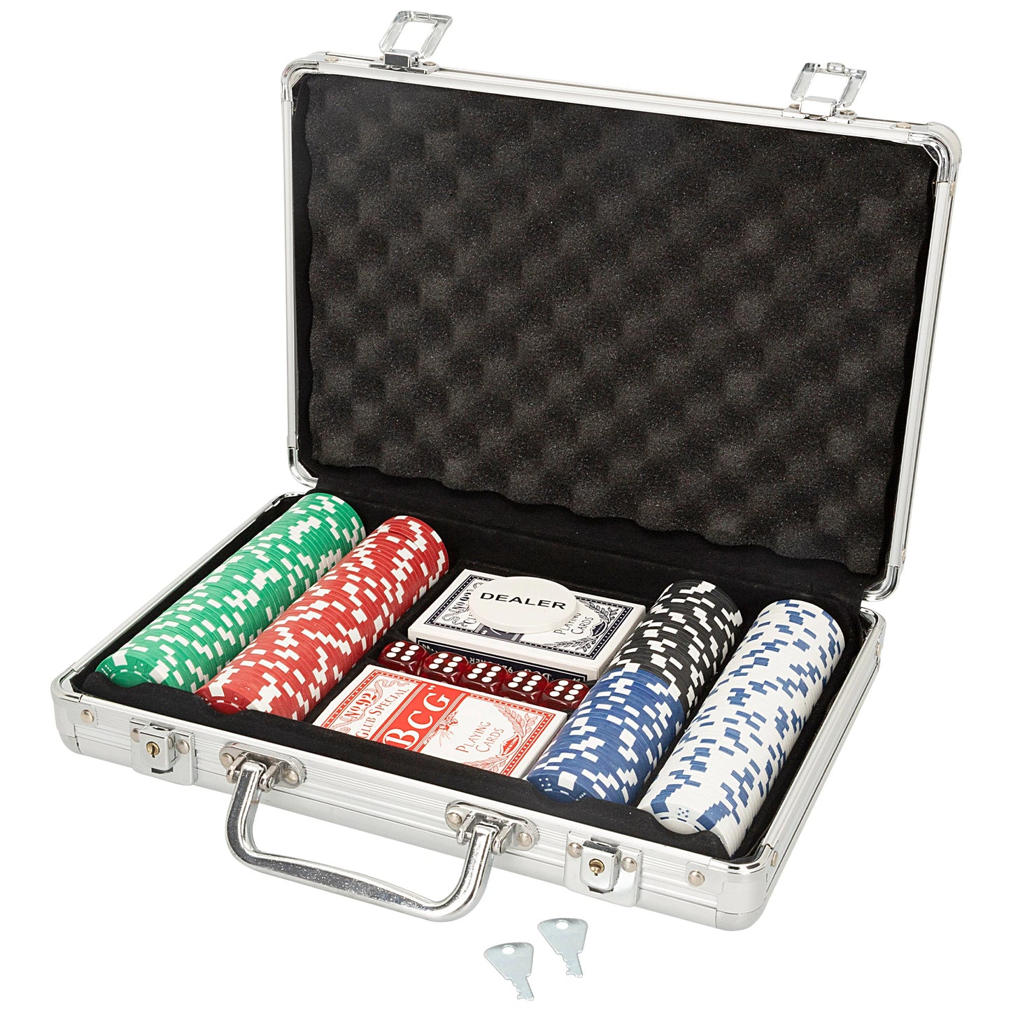 CB Games Poker Set with Briefcase, includes 201 chips, 5 dice, 2 decks of cards for kids aged 3+, perfect for 2-7 players, ideal family game for socializing and fun.