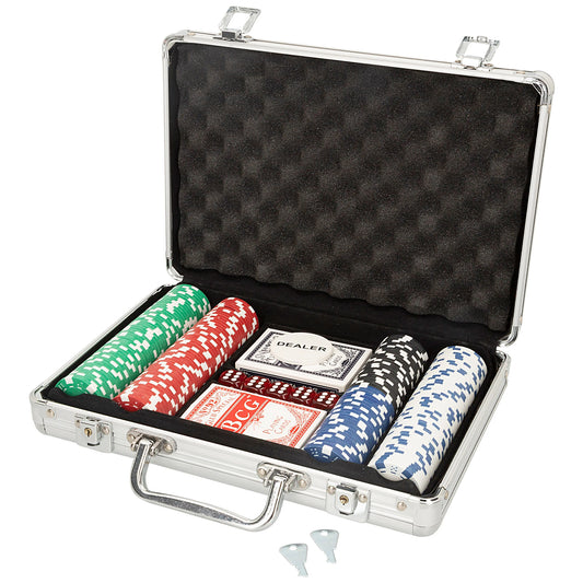 CB Games Poker Set with Briefcase, includes 201 chips, 5 dice, 2 decks of cards for kids aged 3+, perfect for 2-7 players, ideal family game for socializing and fun.