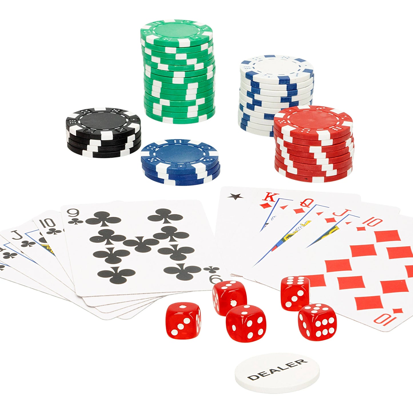 CB Games Poker Set with Briefcase, includes 201 chips, 5 dice, 2 decks of cards for kids aged 3+, perfect for 2-7 players, ideal family game for socializing and fun.