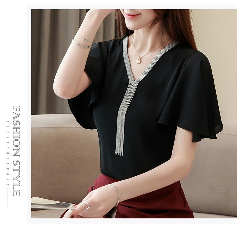 Blusas Blouses Femme Summer Tops Women Blouse Women Blusas Mujer De Moda 2024 Verano Tassel V-Neck Chiffon Blouse Shirt E767