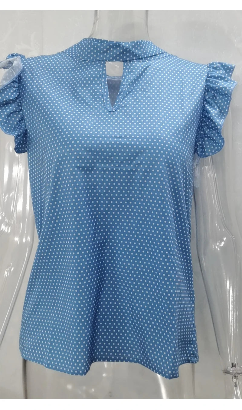 Women Summer Elegant Ruffles Sleeveless Polka Pot Lace Up Tie Bow Blouses and Shirts Casual Oversize Tops Sexy Pullover Tunic