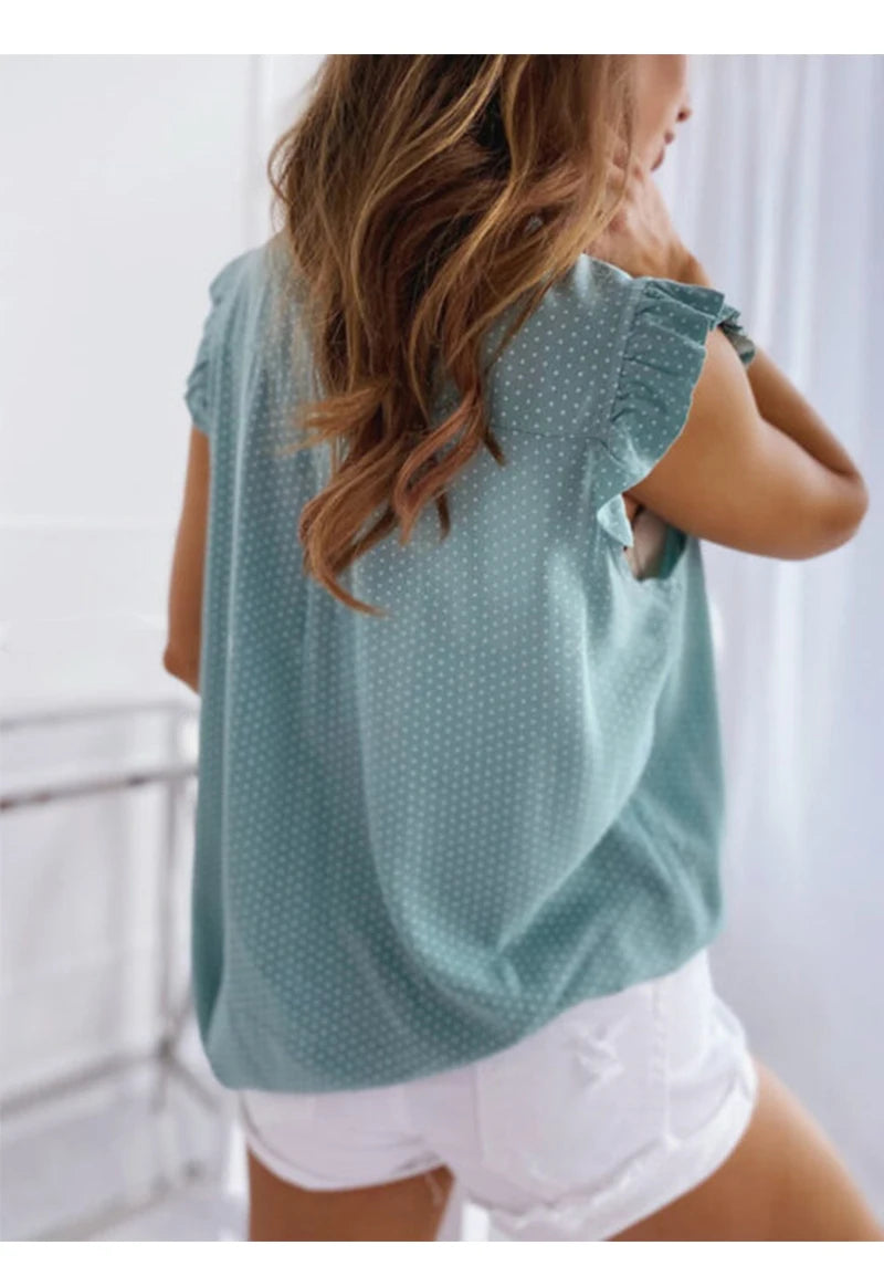 Women Summer Elegant Ruffles Sleeveless Polka Pot Lace Up Tie Bow Blouses and Shirts Casual Oversize Tops Sexy Pullover Tunic