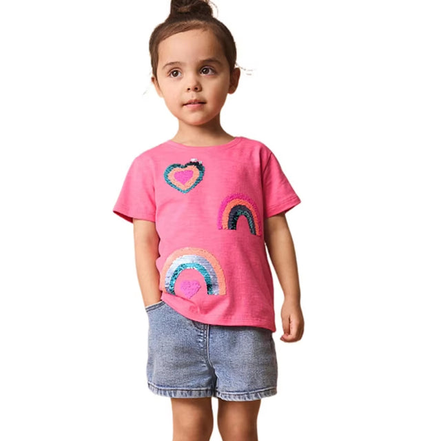 Camiseta Manga Corta con Lentejuelas Arcoíris - Colección 2026