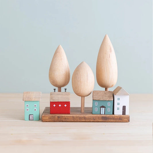 Vintage Wooden House Ornaments Table Decoration Wood Forest Architecture Desk Miniature Craft Work Home Kids Room Nursery Decor