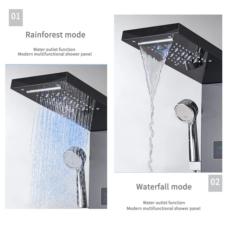 Senlesen Bathroom Shower Panel Shower Column Digital Display Black Brass W/ Massage Jets & Hand Shower Hot Cold Water Mixer Tap