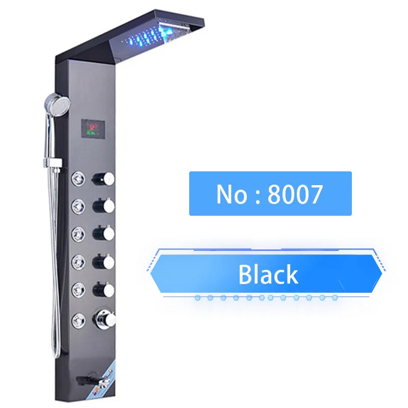Senlesen Bathroom Shower Panel Shower Column Digital Display Black Brass W/ Massage Jets & Hand Shower Hot Cold Water Mixer Tap