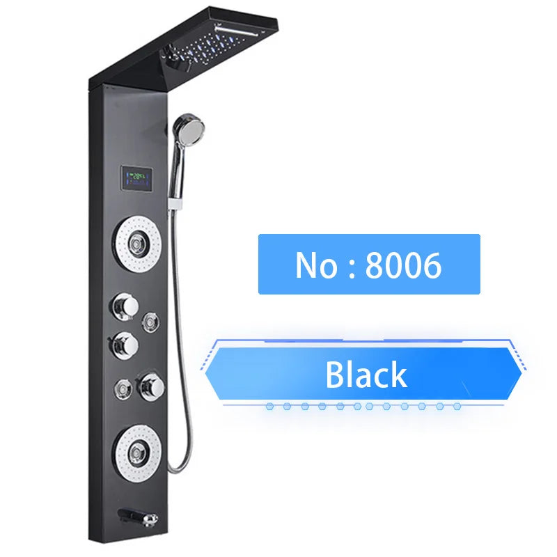 Senlesen Bathroom Shower Panel Shower Column Digital Display Black Brass W/ Massage Jets & Hand Shower Hot Cold Water Mixer Tap