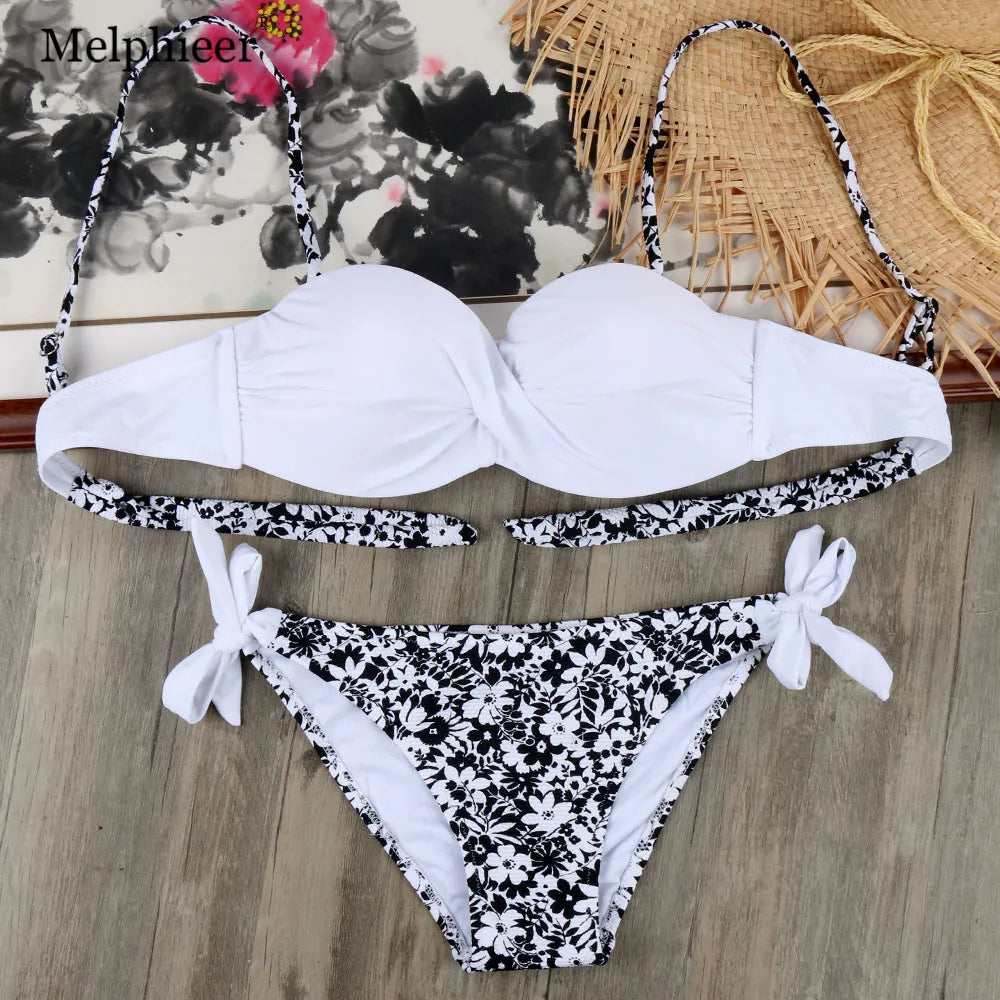 Bikini Solid Strappy Bandage Bikinis Set White Push Up Bikini Swimwear Bandeau Brazilian Swimsuit Bathing Suit Maillot De Bain