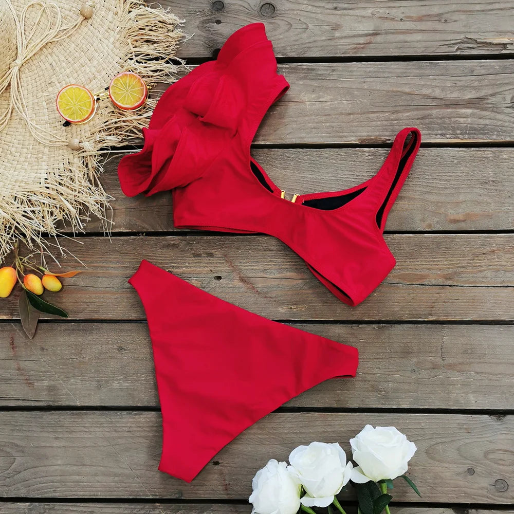 2026 Sexy Bikini Set Women High Waist Classic Off Solid Ruffle Sleeves Swimwear Red Separate Deep V Swimsuit Vintage Beach Set