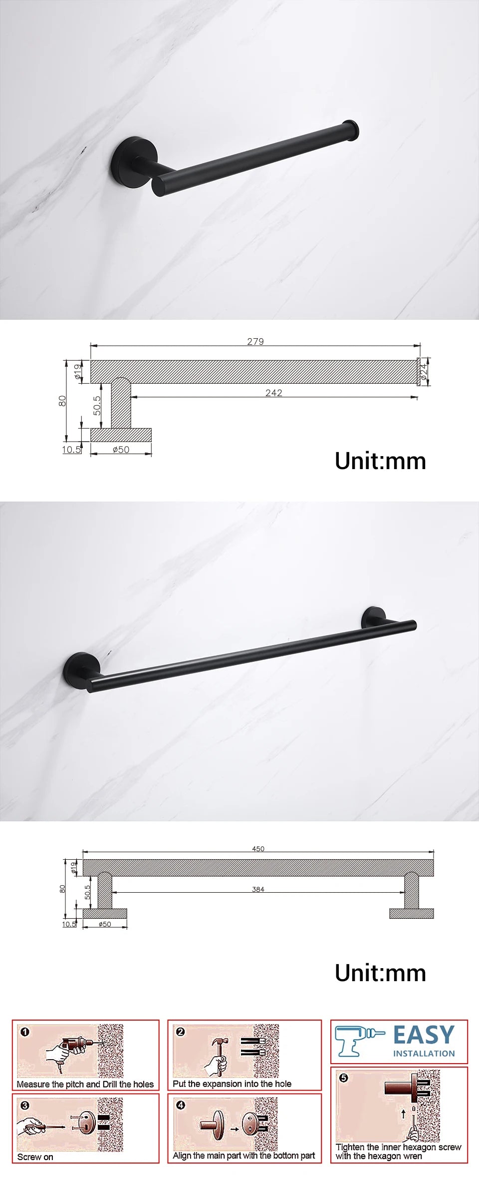 Bathroom Accessories Hardware Set Kit Towel Bar Wall Mount Matt Black Toilet Paper Holder Hand Robe Hook Hanger Stainless Steel