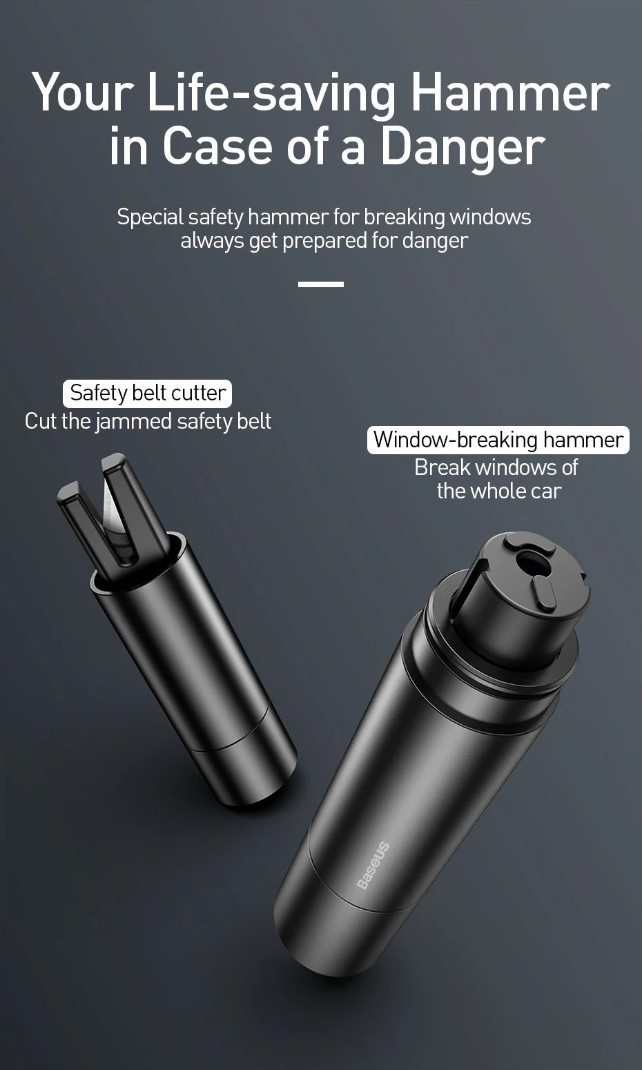 Baseus Car Safety Hammer Auto Emergency Glass Window Breaker Seat Belt Cutter Life-Saving Escape Car Emergency Tool