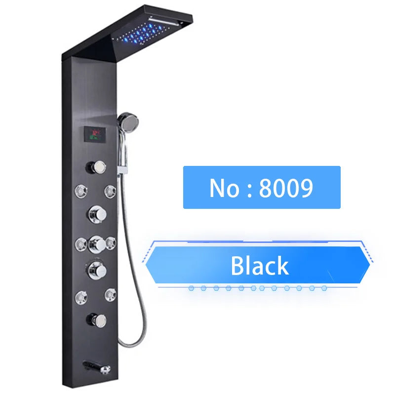 Senlesen Bathroom Shower Panel Shower Column Digital Display Black Brass W/ Massage Jets & Hand Shower Hot Cold Water Mixer Tap