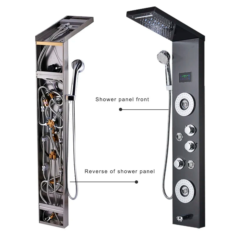 Senlesen Bathroom Shower Panel Shower Column Digital Display Black Brass W/ Massage Jets & Hand Shower Hot Cold Water Mixer Tap