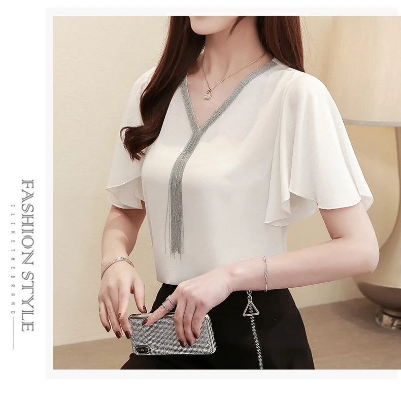 Blusas Blouses Femme Summer Tops Women Blouse Women Blusas Mujer De Moda 2024 Verano Tassel V-Neck Chiffon Blouse Shirt E767