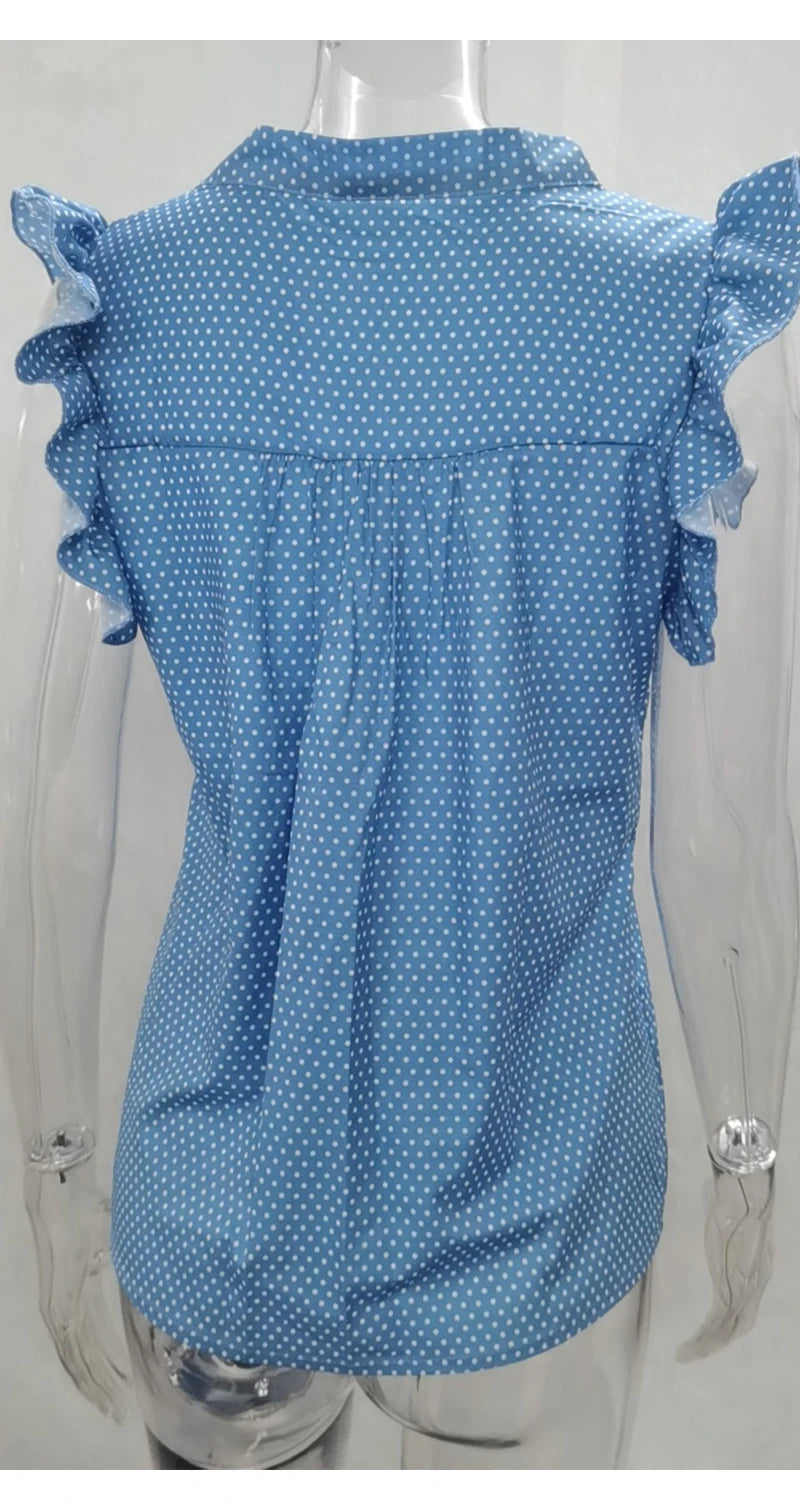 Women Summer Elegant Ruffles Sleeveless Polka Pot Lace Up Tie Bow Blouses and Shirts Casual Oversize Tops Sexy Pullover Tunic