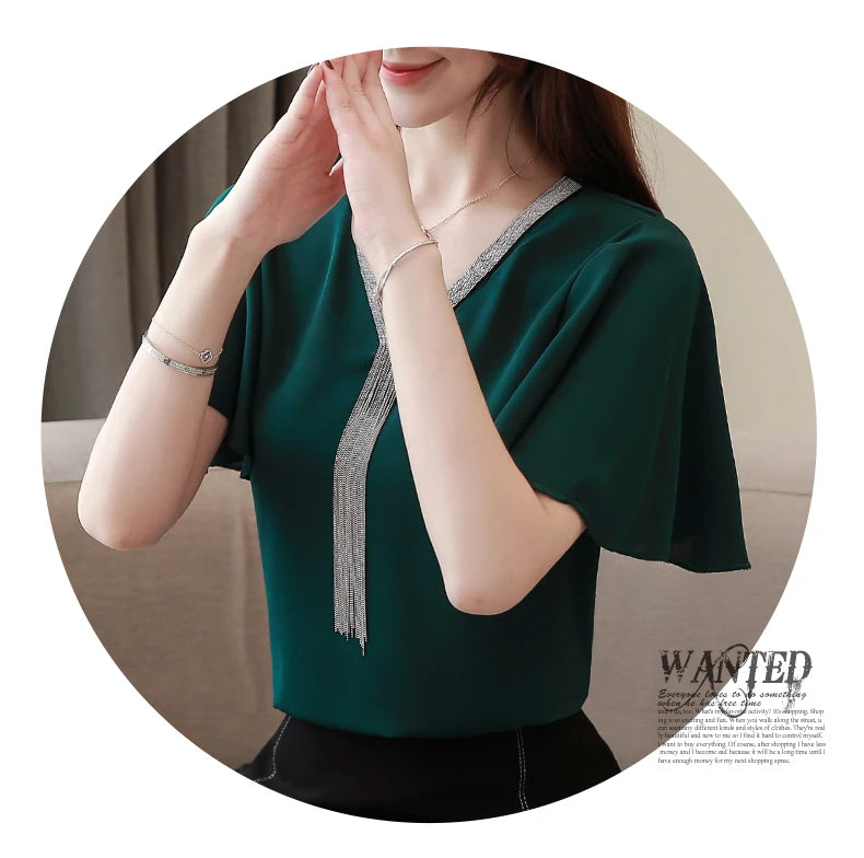 Blusas Blouses Femme Summer Tops Women Blouse Women Blusas Mujer De Moda 2024 Verano Tassel V-Neck Chiffon Blouse Shirt E767