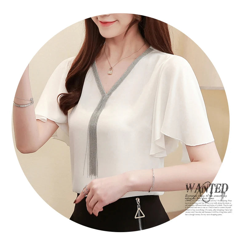 Blusas Blouses Femme Summer Tops Women Blouse Women Blusas Mujer De Moda 2024 Verano Tassel V-Neck Chiffon Blouse Shirt E767