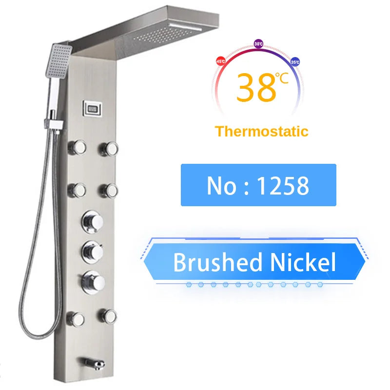 Senlesen Bathroom Shower Panel Shower Column Digital Display Black Brass W/ Massage Jets & Hand Shower Hot Cold Water Mixer Tap