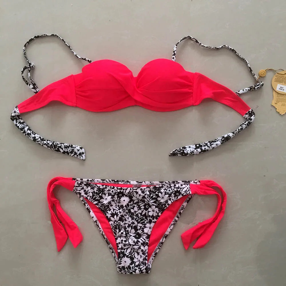 Bikini Solid Strappy Bandage Bikinis Set White Push Up Bikini Swimwear Bandeau Brazilian Swimsuit Bathing Suit Maillot De Bain