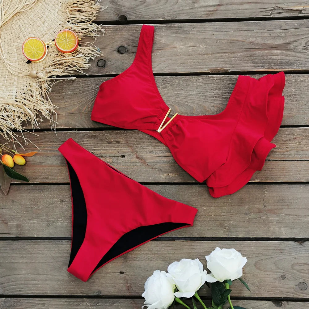 2026 Sexy Bikini Set Women High Waist Classic Off Solid Ruffle Sleeves Swimwear Red Separate Deep V Swimsuit Vintage Beach Set