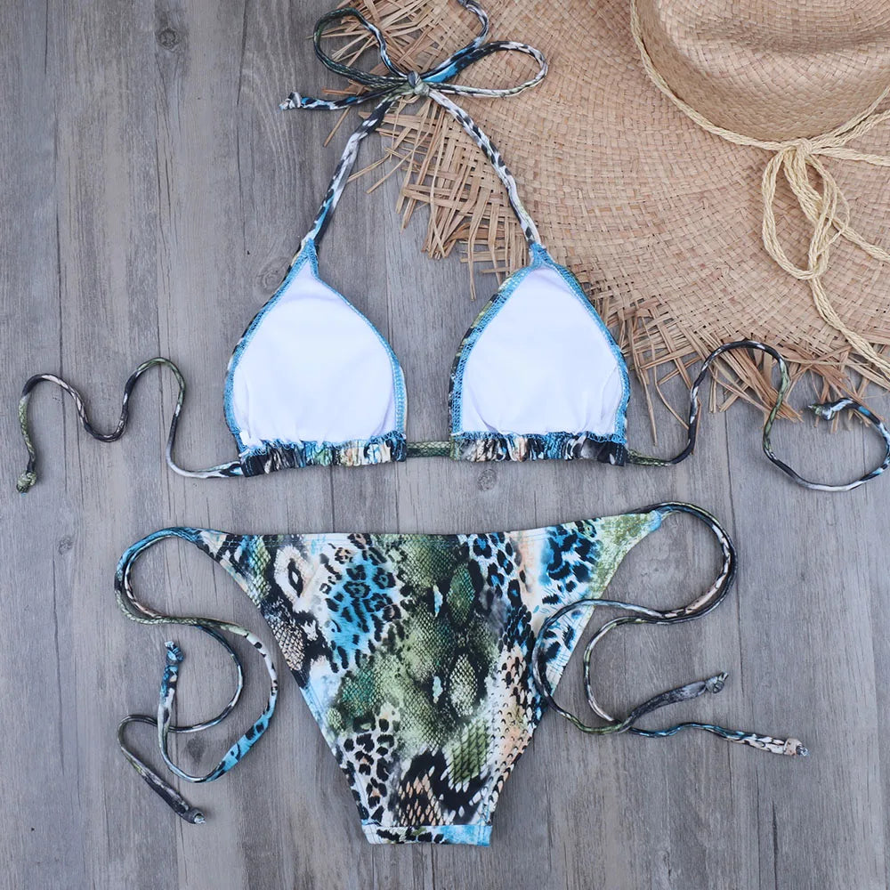 Melphieer Two-piece women brazilian bikini set snake summer push up swimwear bathing swim suits string halter swimsuit XL XXL