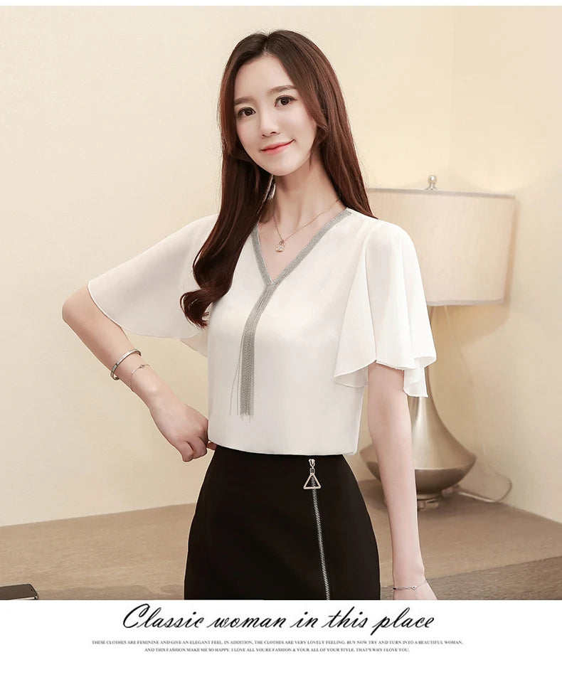 Blusas Blouses Femme Summer Tops Women Blouse Women Blusas Mujer De Moda 2024 Verano Tassel V-Neck Chiffon Blouse Shirt E767