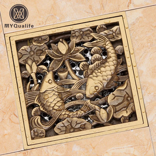 Shower Drains 10*10cm Square Bath Drains Strainer Hair Antique Brass Fish Carved Bathroom Floor Drain Waste Grate Drain