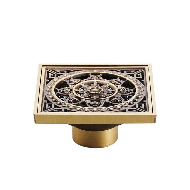 Shower Drains 10*10cm Square Bath Drains Strainer Hair Antique Brass Fish Carved Bathroom Floor Drain Waste Grate Drain
