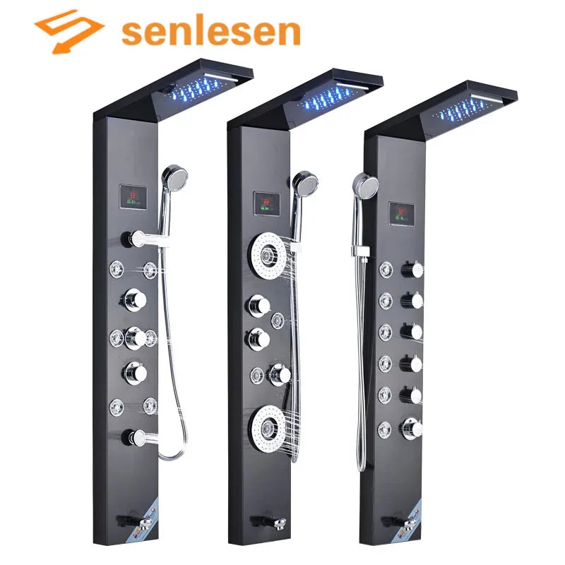 Senlesen Bathroom Shower Panel Shower Column Digital Display Black Brass W/ Massage Jets & Hand Shower Hot Cold Water Mixer Tap