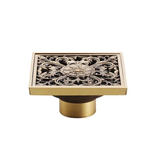 Shower Drains 10*10cm Square Bath Drains Strainer Hair Antique Brass Fish Carved Bathroom Floor Drain Waste Grate Drain