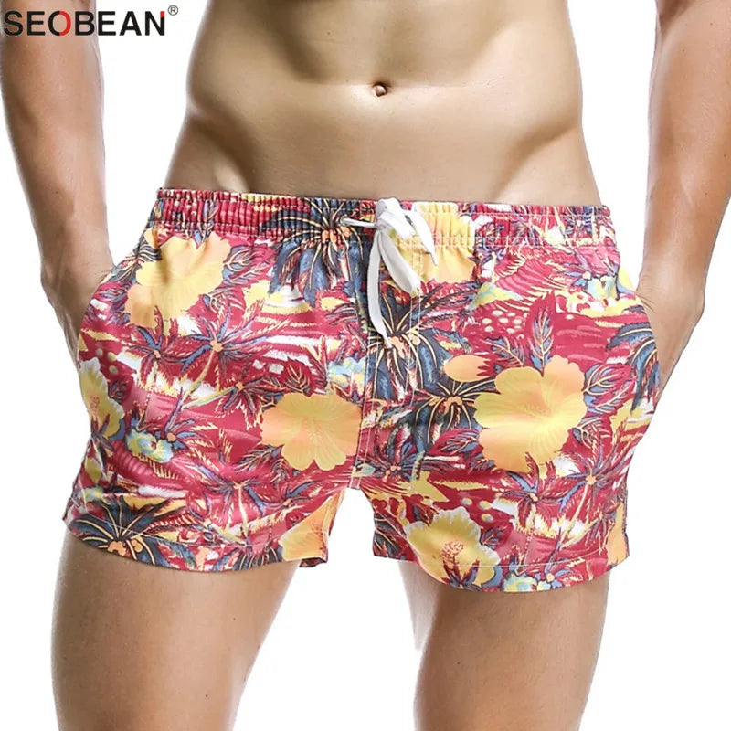 SEOBEAN Summer Style Seaside Men Beach Shorts Men Quick Dry Polyester Fabrics Beachwear Men's Board Shorts Trunks Print Shorts