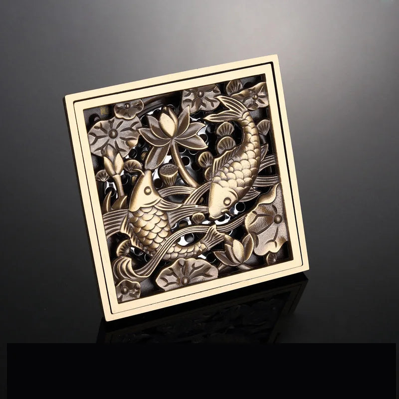 Shower Drains 10*10cm Square Bath Drains Strainer Hair Antique Brass Fish Carved Bathroom Floor Drain Waste Grate Drain