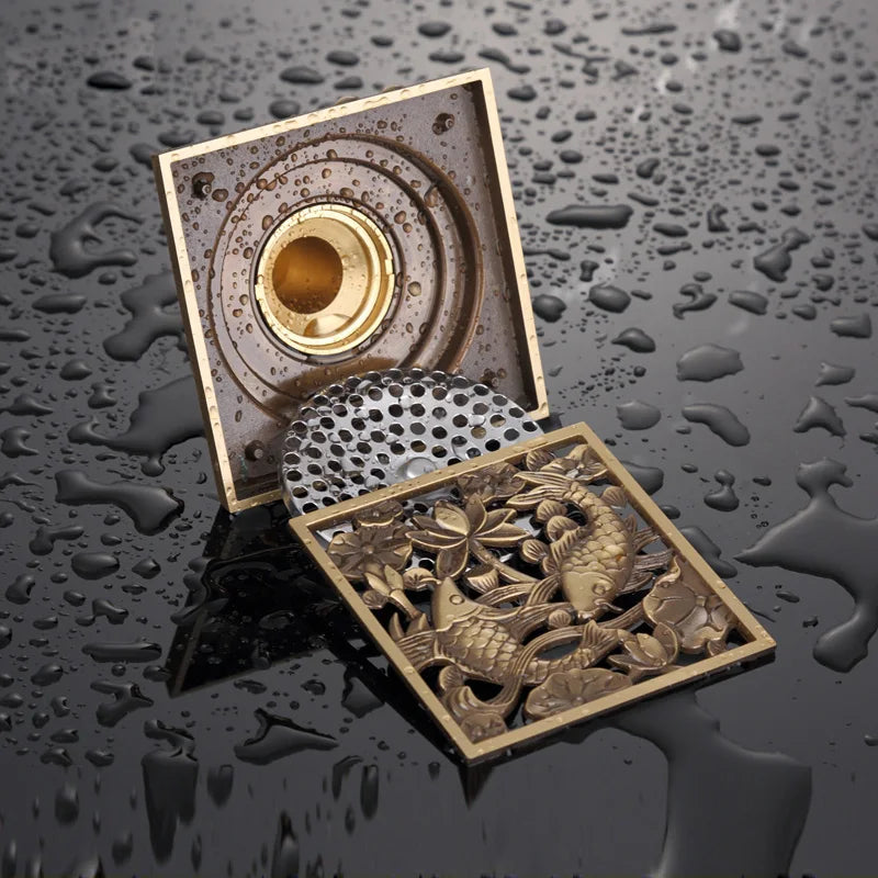 Shower Drains 10*10cm Square Bath Drains Strainer Hair Antique Brass Fish Carved Bathroom Floor Drain Waste Grate Drain