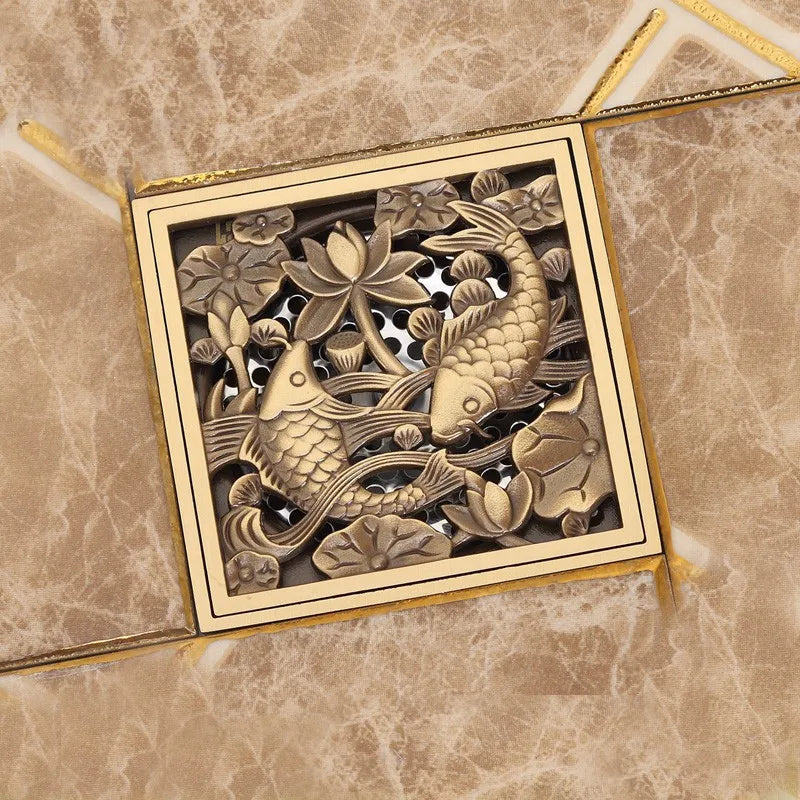 Shower Drains 10*10cm Square Bath Drains Strainer Hair Antique Brass Fish Carved Bathroom Floor Drain Waste Grate Drain