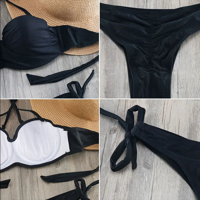 Bikini Solid Strappy Bandage Bikinis Set White Push Up Bikini Swimwear Bandeau Brazilian Swimsuit Bathing Suit Maillot De Bain