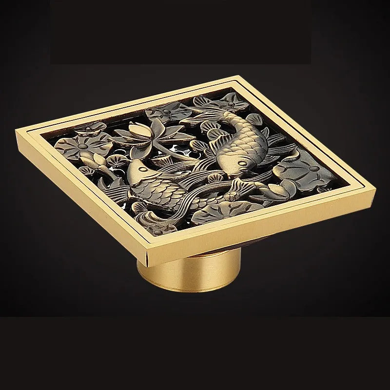Shower Drains 10*10cm Square Bath Drains Strainer Hair Antique Brass Fish Carved Bathroom Floor Drain Waste Grate Drain