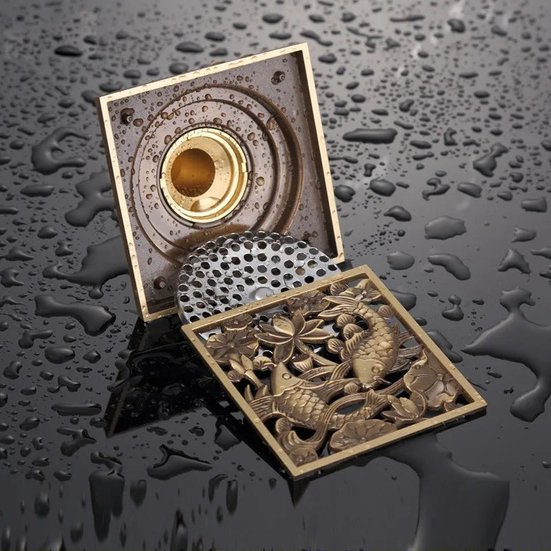 Shower Drains 10*10cm Square Bath Drains Strainer Hair Antique Brass Fish Carved Bathroom Floor Drain Waste Grate Drain