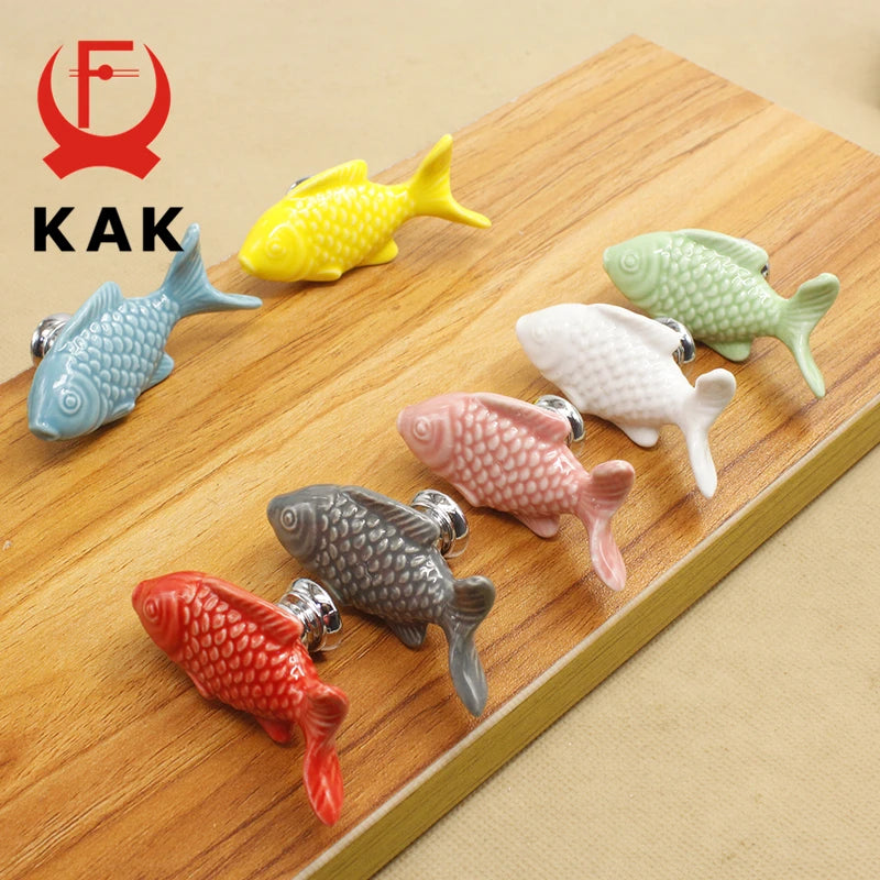 KAK Children Drawer Knobs Fish Shape Ceramic Handles for Kids Room Kitchen Cabinet Handles Cupboard Knobs Furniture Hardware