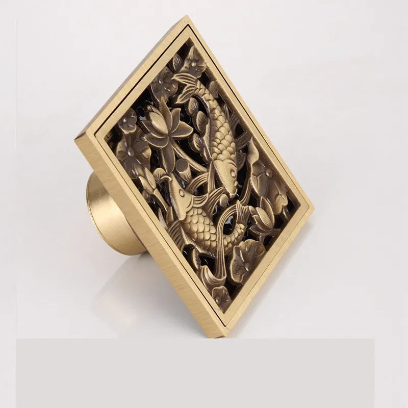 Shower Drains 10*10cm Square Bath Drains Strainer Hair Antique Brass Fish Carved Bathroom Floor Drain Waste Grate Drain