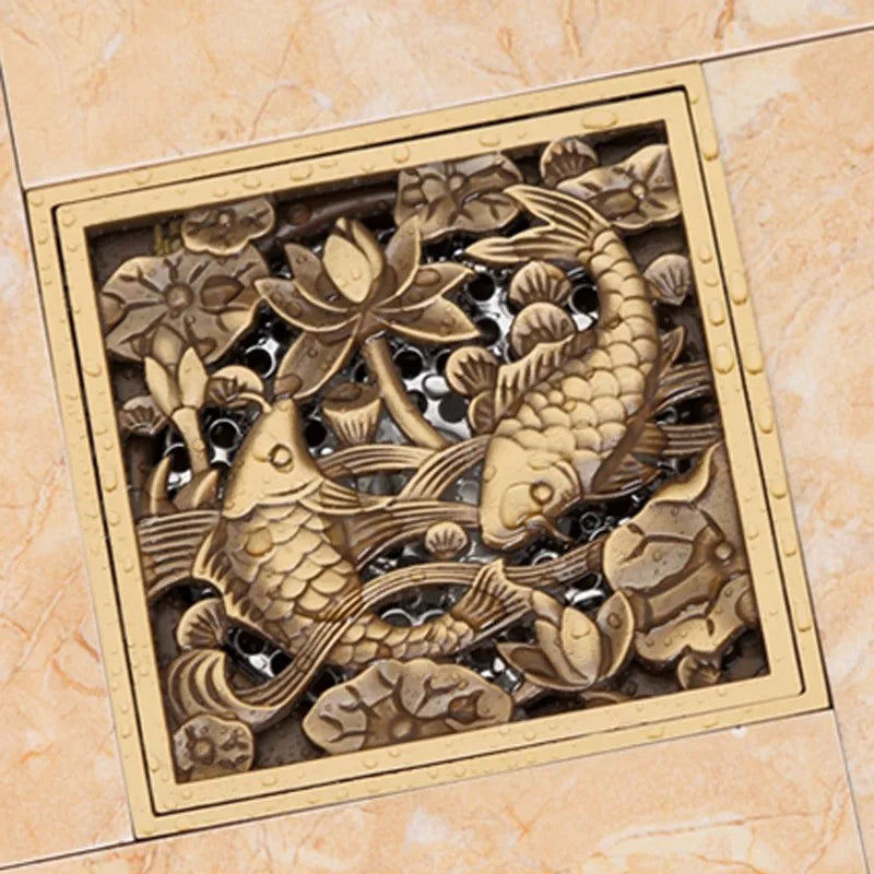 Shower Drains 10*10cm Square Bath Drains Strainer Hair Antique Brass Fish Carved Bathroom Floor Drain Waste Grate Drain
