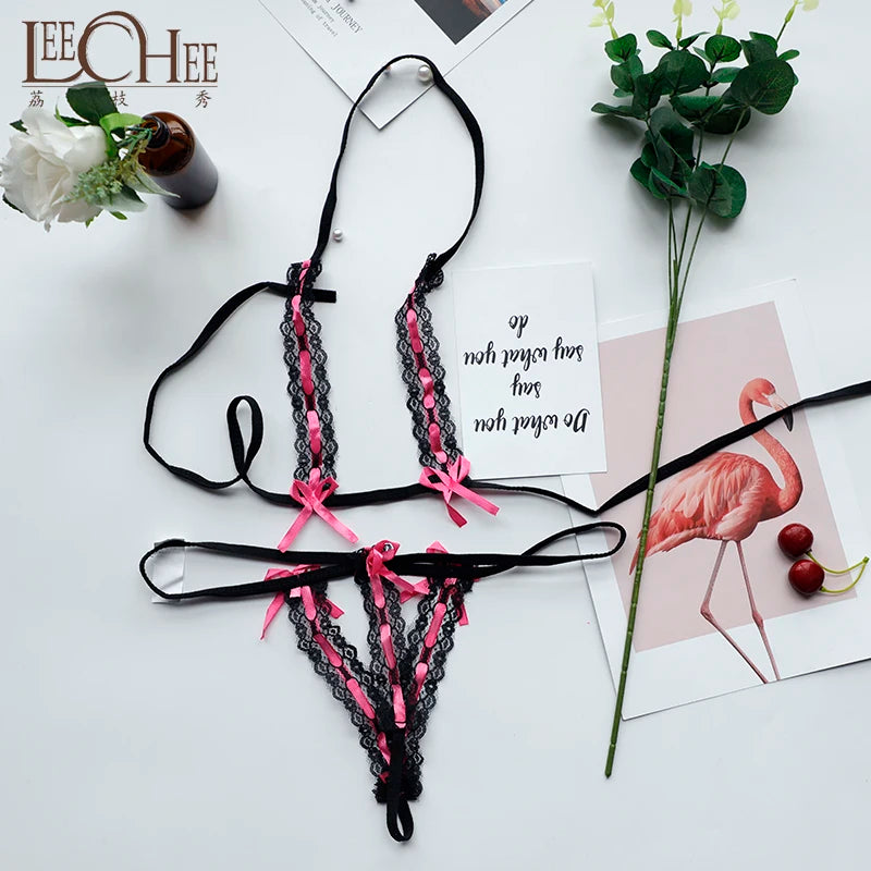 QZ031 Women Sexy Lingerie Lenceria Three Point Bikini Set Sex Erotic Underwear Open Bra+thong Pant Perspective  Porn Costumes