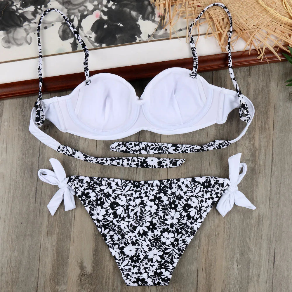 Bikini Solid Strappy Bandage Bikinis Set White Push Up Bikini Swimwear Bandeau Brazilian Swimsuit Bathing Suit Maillot De Bain