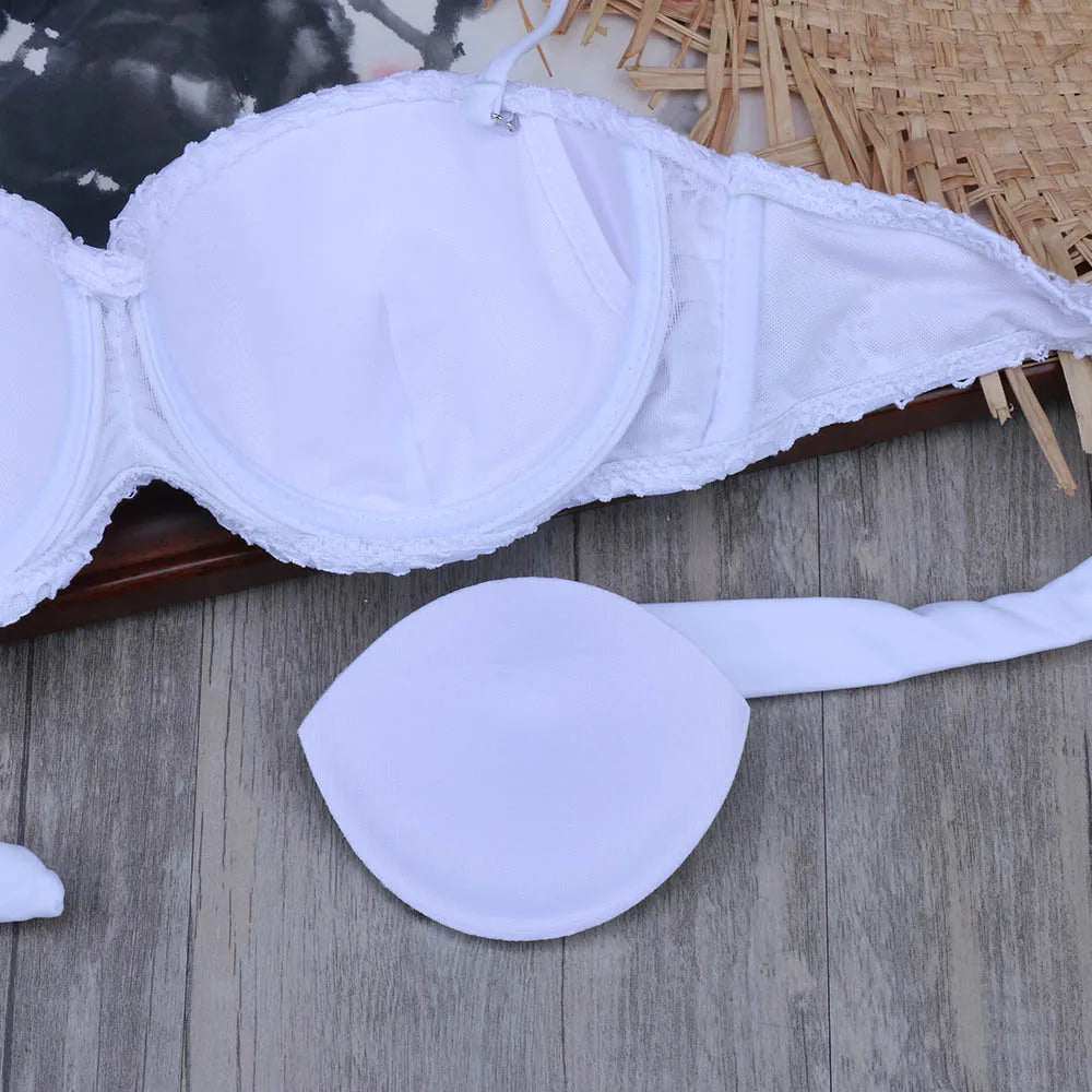 Bikini Solid Strappy Bandage Bikinis Set White Push Up Bikini Swimwear Bandeau Brazilian Swimsuit Bathing Suit Maillot De Bain